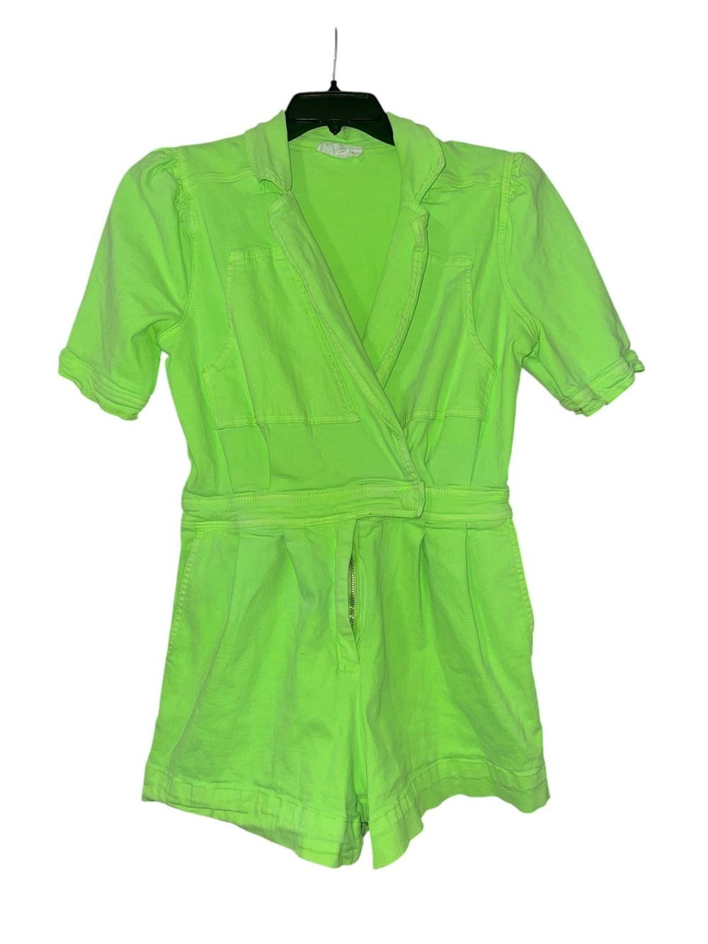 day + moon Neon Green Utility Romper Shorts Jumpsuit Women’s L